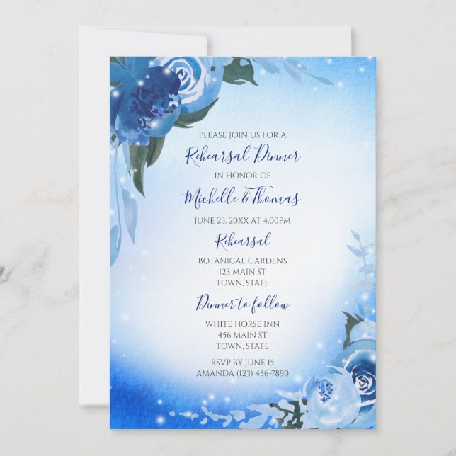 Invitación Elegante Verdor Floral de acuarela azul real (Anverso)