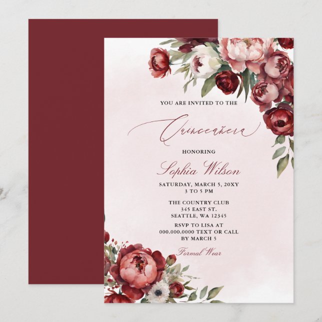 Invitación Elegante versión moderna de Borgoña Rubor Floral Q (Anverso / Reverso)