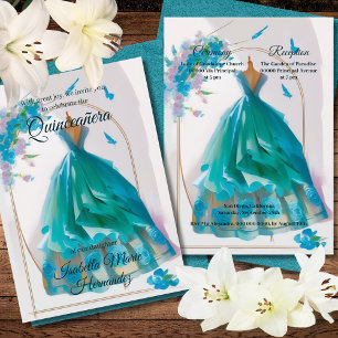 Invitación Elegante Vestido Azul Floral Acuarela Quinceañera