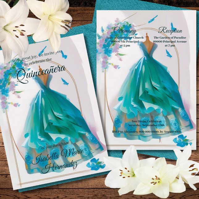 Invitación Elegante Vestido Azul Floral Acuarela Quinceañera (Subido por el creador)