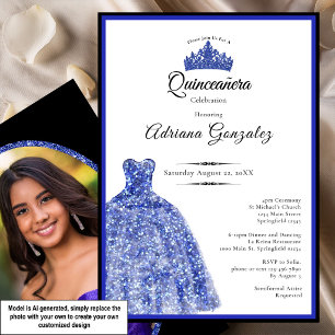 Invitación Elegante vestido azul para quinceañera de 15 años