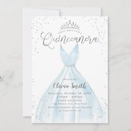 Invitación Elegante vestido azul purpurina de plata Quinceañe