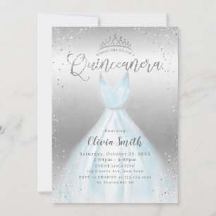 Invitación Elegante vestido azul purpurina plateado Quinceañe
