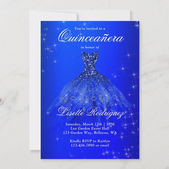Invitación Elegante vestido azul real Quinceanera (Anverso)