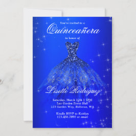 Invitación Elegante vestido azul real Quinceanera