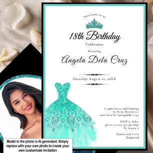 Invitación Elegante vestido azul verde debut de 18 cumpleaños