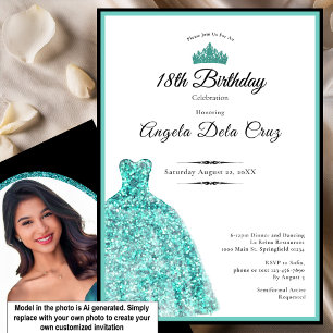 Invitación Elegante vestido azul verde debut de 18 cumpleaños