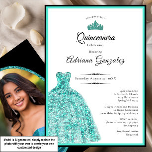 Invitación Elegante vestido azul verde para 15 cumpleaños Qui