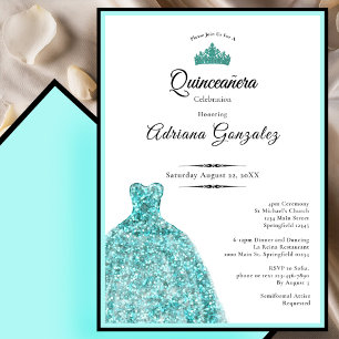 Invitación Elegante vestido azul verde para quinceañera de 15