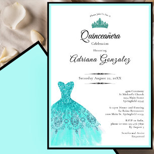 Invitación Elegante vestido azul verde para quinceañera de 15