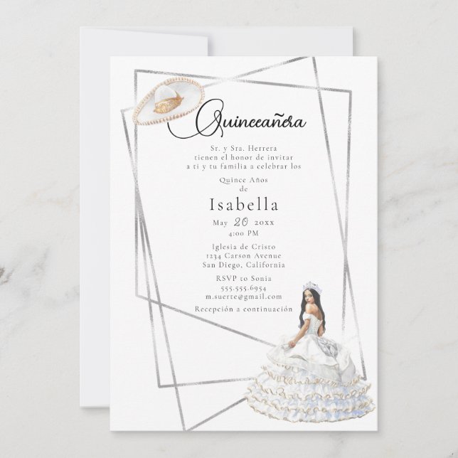 Invitación Elegante vestido blanco y el Sombrero Quinceañera (Anverso)