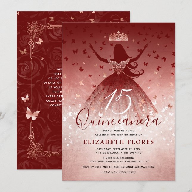 Invitación Elegante Vestido Borgoña Rosa Oro Rosa Quinceanera (Anverso / Reverso)
