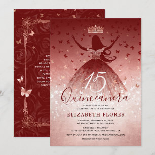 Invitación Elegante Vestido Borgoña Rosa Oro Rosa Quinceanera