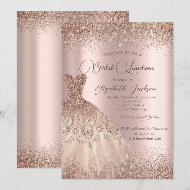 Invitación Elegante vestido Confetti Rosa Noche de Oro Lunche (Anverso / Reverso)