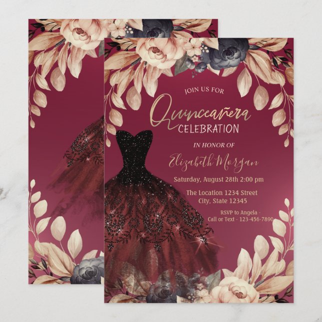 Invitación Elegante vestido de Borgoña Floral Quinceañera (Anverso / Reverso)