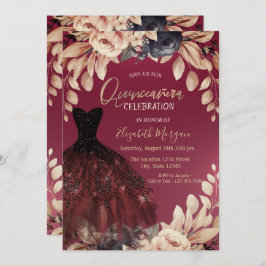 Invitación Elegante vestido de Borgoña Floral Quinceañera