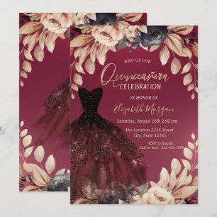 Invitación Elegante vestido de Borgoña Floral Quinceañera