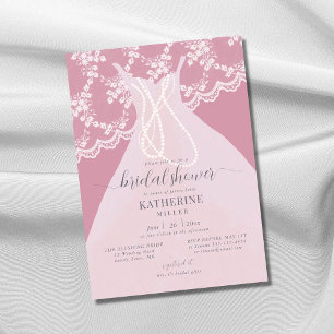 Invitación Elegante vestido de encaje perlas rosa rubor despe