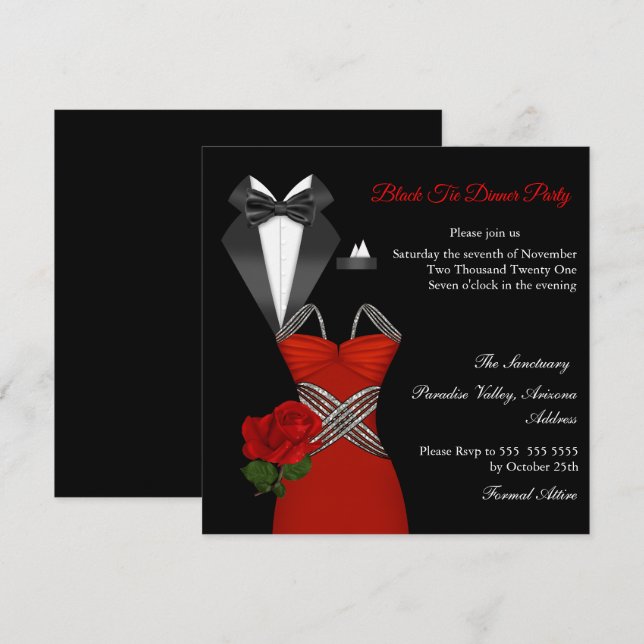 Invitación Elegante vestido de fiesta de gala de rosa roja es (Anverso / Reverso)