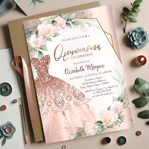 Invitación Elegante vestido de glitter rosa dorado Rosas Quin