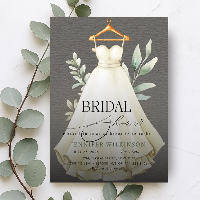 Invitación Elegante Vestido de Grey Grey Vestido Ducha Bridal (Elegant Gray Greenery Dress Gown Bridal Shower Invitation)