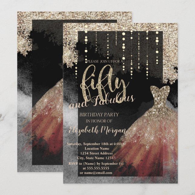 Invitación Elegante vestido de Moda con 50 cumpleaños (Anverso / Reverso)