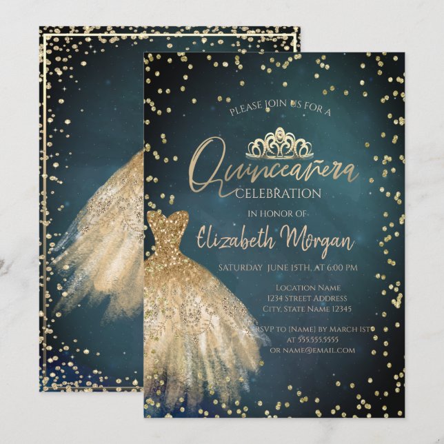 Invitación Elegante vestido de Moda de oro Tiara, Diamonds Qu (Anverso / Reverso)