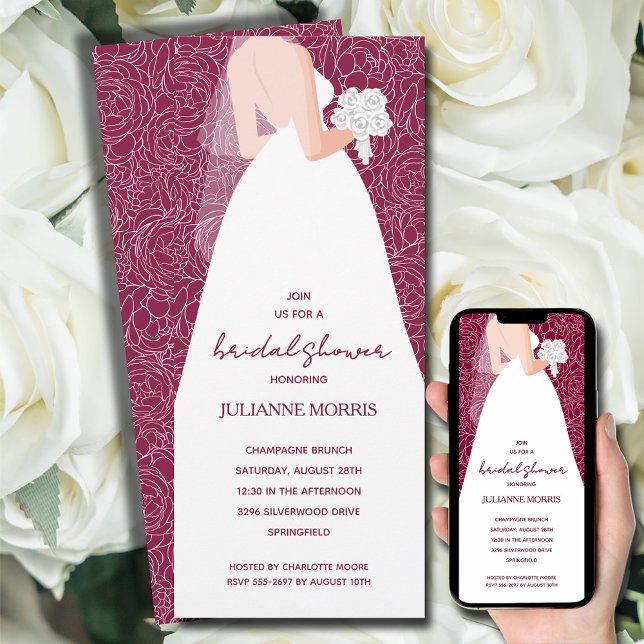Invitación Elegante vestido de novia ducha de cereza (Bride in her wedding dress overlays white rose sketch pattern on cranberry bridal shower invitations)