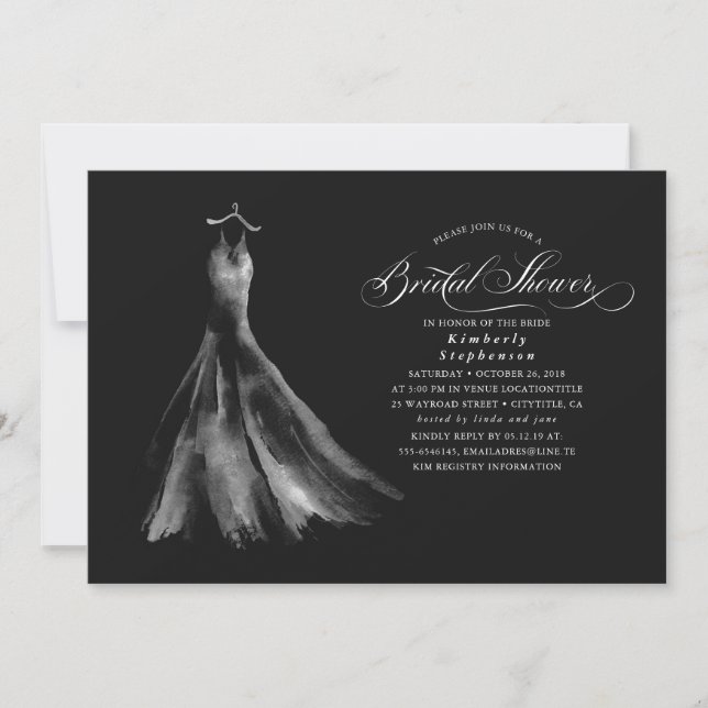Invitación Elegante vestido de novia ducha de novia negra (Anverso)