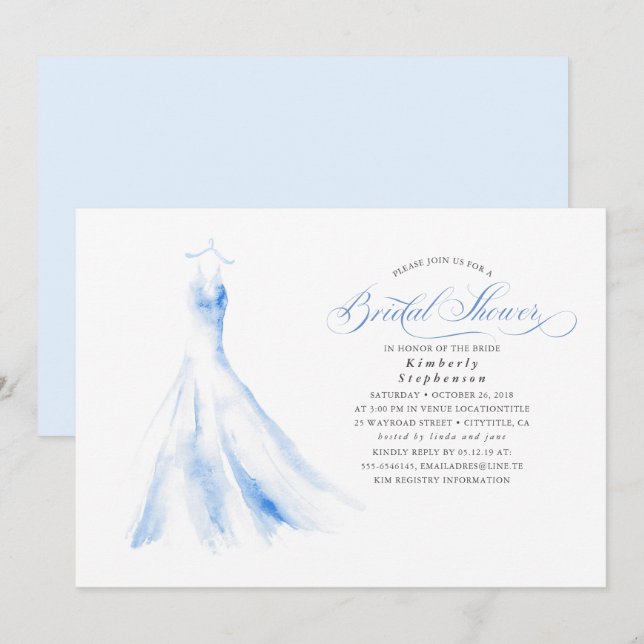Invitación Elegante vestido de novia Dusty Blue Bridal Shower (Anverso / Reverso)