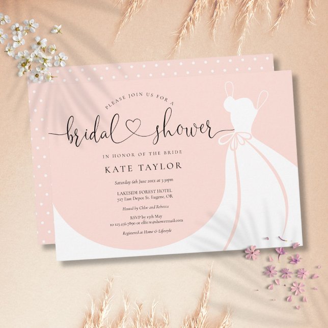 Invitación Elegante vestido de novia Rubor ducha de novia ros (Elegant Wedding Dress Blush Pink Bridal Shower Invitation)