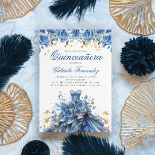Invitación Elegante Vestido de Oro Azul Floral Quinceanera