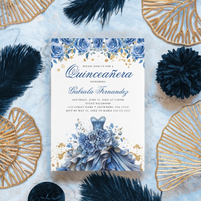 Invitación Elegante Vestido de Oro Azul Floral Quinceanera (Subido por el creador)