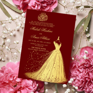 Invitación Elegante vestido de oro Borgoña boda musulmán islá