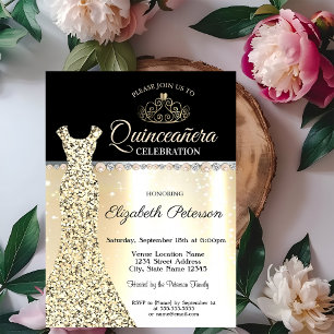 Invitación Elegante vestido de oro, Diamonds Pearls Quinceañe