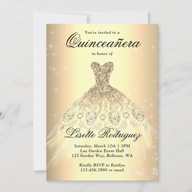 Invitación Elegante vestido de oro Quinceanera (Anverso)