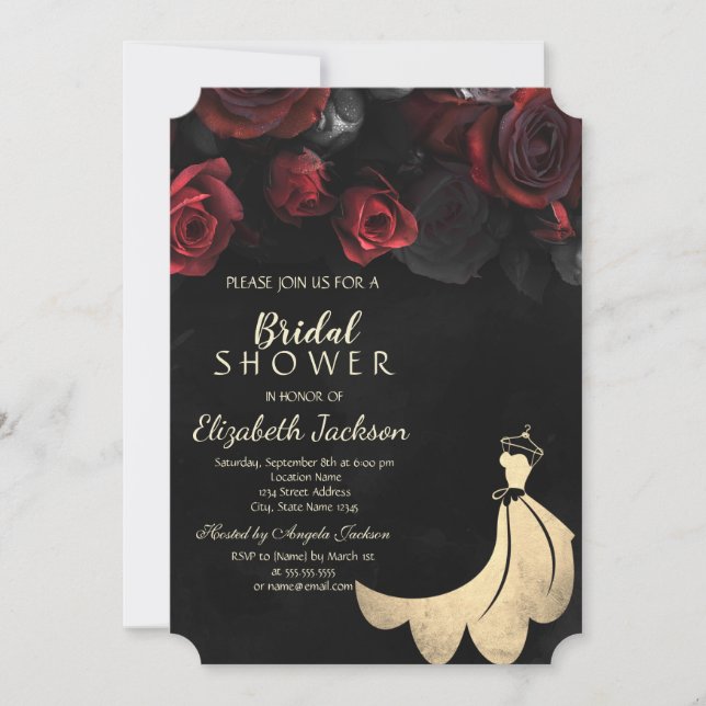 Invitación Elegante vestido de oro rojo Roses negro ducha de  (Anverso)