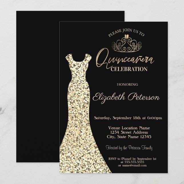 Invitación Elegante vestido de oro, Tiara Quinceañera (Anverso / Reverso)