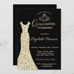 Invitación Elegante vestido de oro, Tiara Quinceañera