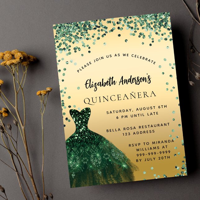 Invitación Elegante vestido de oro verde Quinceanera (Subido por el creador)