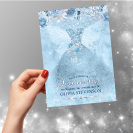 Invitación Elegante vestido de purpurina azul de hielo floral