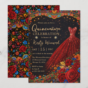 Invitación Elegante vestido de quinceañera con brillo rojo do
