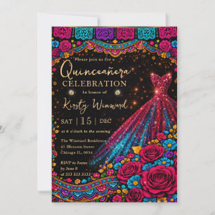 Invitación Elegante vestido de quinceañera de purpurina de or