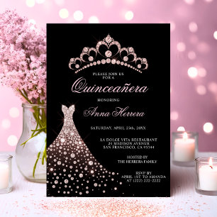 Invitación Elegante vestido de Quinceañera negro con tiara ro