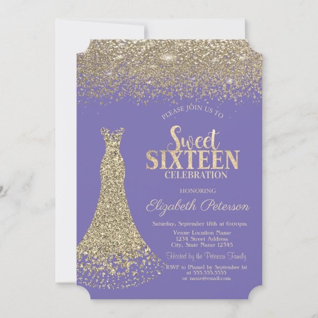 Invitación Elegante Vestido dorado Diamantes Lavander Dulce 1 (Anverso)
