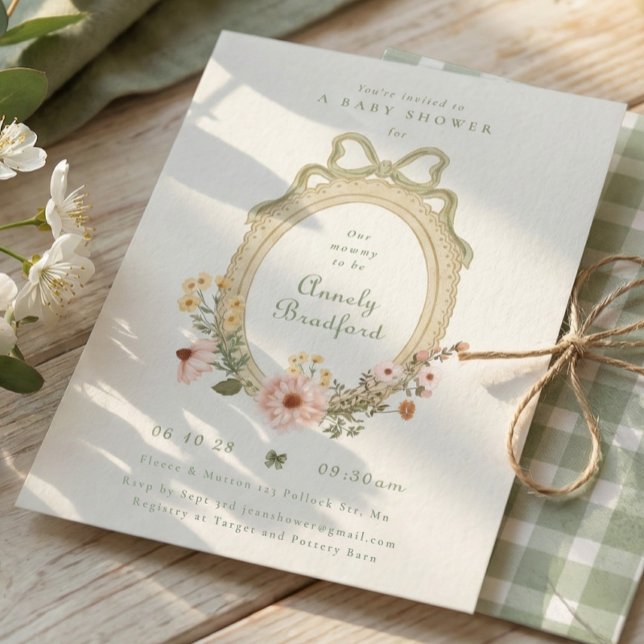 Invitación Elegante vestido floral de niña con lazo de salvia (Subido por el creador)