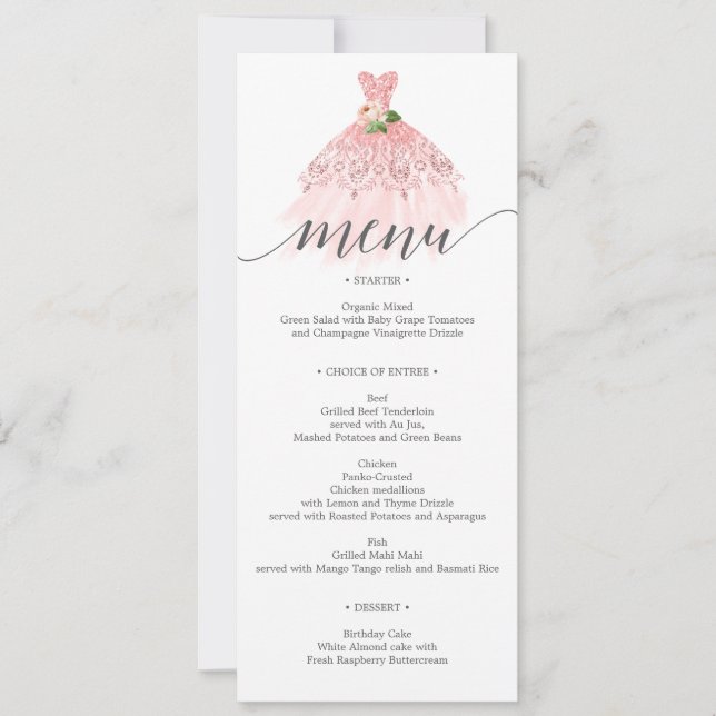 Invitación Elegante Vestido Floral Menú Quinceanera (Anverso)