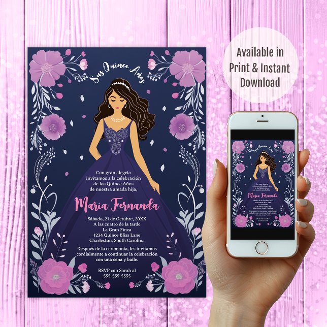 Invitación Elegante Vestido Floral Purple Quinceañera Fiesta (Subido por el creador)