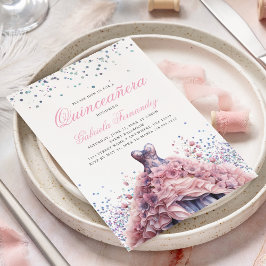 Invitación Elegante Vestido Floral Rosa Quinceanera