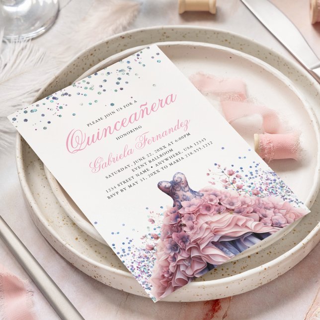 Invitación Elegante Vestido Floral Rosa Quinceanera (Subido por el creador)